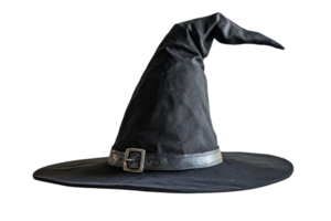 A classic black witch's hat with a pointed tip and a silver buckle on the band. png