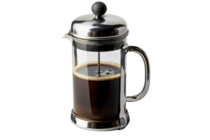 A sleek French press coffee maker, featuring a metal frame and a plunger, filled with rich, dark coffee. png