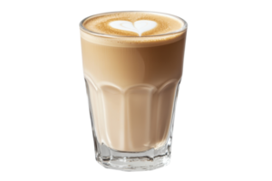 A creamy latte in a glass with a heart design on top. png