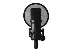A sleek microphone with a pop filter, designed for high-quality audio recording and performance. png