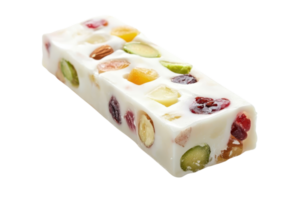A colorful nougat bar filled with assorted nuts and dried fruits, showcasing a delightful blend of textures and flavors. png