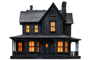 A dark, eerie house with glowing windows, featuring a steep roof and vintage architectural details. png