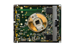 A detailed view of a circuit board featuring a circular component and various electronic elements, showcasing intricate designs and connections. png