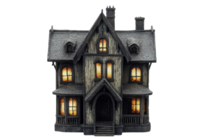 A dark, eerie house with illuminated windows, featuring intricate architectural details and a gothic design. png