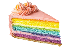 A vibrant slice of rainbow cake showcasing colorful layers topped with pink frosting. png