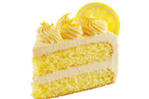 A moist lemon cake slice with creamy frosting and decorative swirls, topped with a lemon slice. png