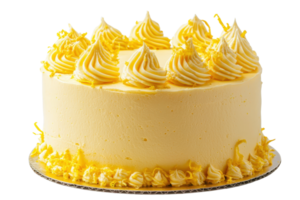 A delicious yellow cake adorned with swirls of creamy frosting, featuring a smooth texture and a decorative edge. png