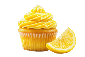 A delightful lemon cupcake topped with yellow frosting, accompanied by a fresh lemon slice. png