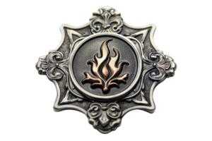 A decorative badge featuring an intricate flame design at its center, crafted with metallic elements and ornate detailing. png
