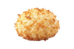 A golden-brown coconut macaron with a textured surface, lightly toasted and round in shape. png