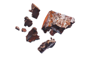 A collection of jagged, reddish-brown rock fragments exhibiting a rough, textured surface and varying sizes. png