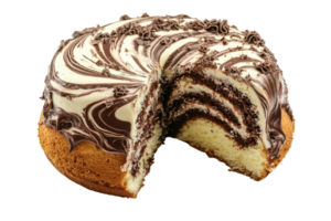 A deliciously frosted cake with a moist interior, showcasing a rich chocolate and vanilla swirl design, partially sliced to reveal its layers. png