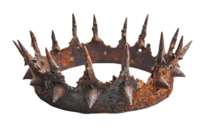 A rusted crown adorned with sharp spikes, showcasing a weathered and menacing design, symbolizing power and danger. png
