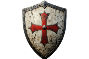A medieval shield featuring a prominent red cross on a weathered surface, symbolizing chivalry and protection. png