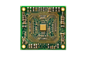 A detailed microchip featuring intricate circuit patterns and connections, designed for electronic devices. png