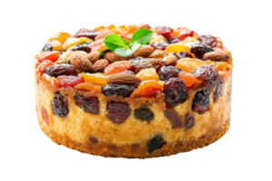 A round fruitcake topped with a colorful assortment of dried fruits and nuts, showcasing a rich, textured surface. png