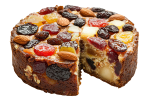 A richly decorated fruitcake with assorted dried fruits and nuts, showcasing a moist texture and vibrant colors. png