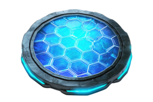 uma circular, futurista plataforma apresentando uma hexagonal padronizar e brilhando azul acentos, projetado com uma metálico quadro. png