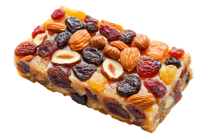 A colorful fruit and nut bar featuring a mix of almonds, raisins, and dried fruits, showcasing a blend of textures and vibrant hues. png