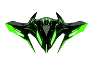 A sleek, futuristic vehicle design featuring sharp edges and glowing green accents. png