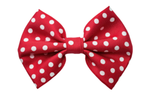 A vibrant red bow with white polka dots, showcasing a classic and playful design. png