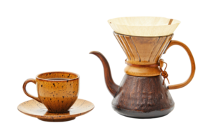 A ceramic coffee pot and cup set, showcasing earthy tones and a rustic design, perfect for brewing and enjoying coffee. png