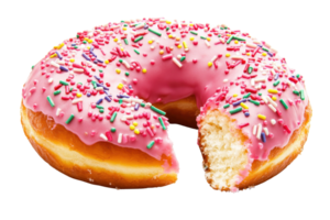 A round donut with pink icing and colorful sprinkles, partially taken out, showcasing its soft, fluffy texture. png