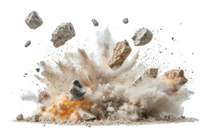 A dynamic explosion with debris and dust dispersing violently, showcasing a powerful release of energy. png