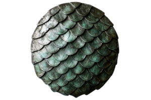 A round shield featuring a textured surface of overlapping scales with a greenish hue. png