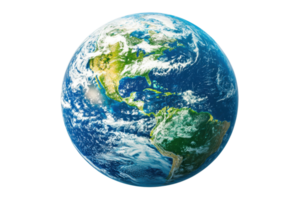 A vibrant depiction of Earth showcasing its continents, oceans, and atmospheric clouds in a captivating view. png