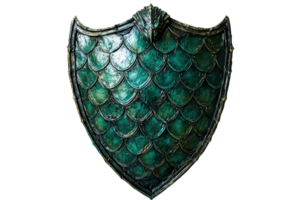 A decorative shield with a textured, scaly pattern featuring a greenish hue and a prominent crest at the top. png