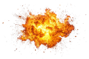 A vibrant explosion radiating orange and yellow flames, with splashes of debris and smoke, creating a dynamic and intense visual effect. png