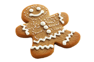 A smiling gingerbread man cookie decorated with icing and sugar, showcasing a festive design. png