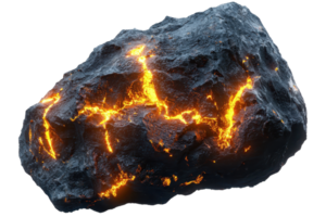A volcanic rock with glowing lava cracks, showcasing a rough texture and dramatic color contrast between the dark surface and fiery streaks. png
