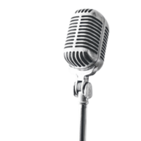 A vintage microphone with a classic design, showcasing intricate details and a polished metallic finish. png