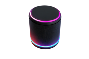 A sleek, cylindrical speaker with vibrant LED lighting around its base and top, designed for modern audio experiences. png