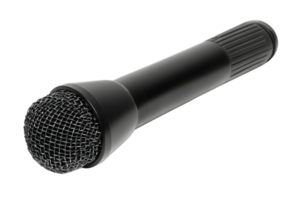 A black handheld microphone with a textured grip and mesh head, designed for vocal performance and sound recording. png