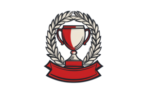 A trophy is adorned with laurel leaves and a red banner, symbolizing achievement and victory. png