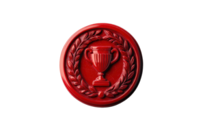 A circular red emblem featuring a trophy encircled by laurel leaves, symbolizing achievement and victory. png