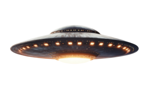 A metallic flying saucer with lights, featuring a domed top and a glowing underside. png