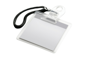 A square badge holder with a strap, designed to display identification cards securely. png