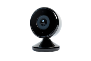 A sleek black webcam with a round lens and a stable stand, designed for communication and recording. png