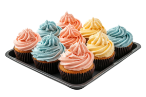 A delightful arrangement of colorful cupcakes topped with swirls of icing in shades of pink, blue, and yellow. png