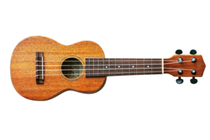 A wooden ukulele featuring a rounded body, four strings, and a smooth finish, ideal for music enthusiasts and beginners alike. png