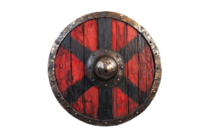 A round shield featuring a striking red and black design, centered with a metallic boss, reflecting a vintage warrior aesthetic. png
