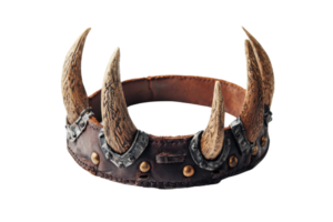 A rugged crown adorned with sharp horns and metallic accents, embodying a fierce, warrior-like aesthetic. png