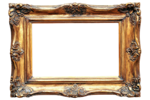 An ornate wooden picture frame featuring intricate carvings and a rich gold finish, emphasizing its decorative style and craftsmanship. png