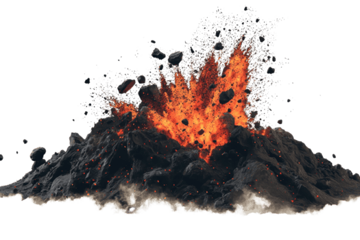 en eldig explosion får utbrott från en mound av material, sändning skräp och lågor in i de luft, skapande en dramatisk och intensiv visuell effekt. png