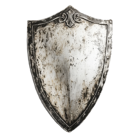 A vintage shield featuring a worn silver surface with intricate details along the edges, showcasing its historical significance and craftsmanship. png
