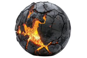A cracked, dark sphere with glowing lava visible through fissures, creating a striking contrast of light and texture. png